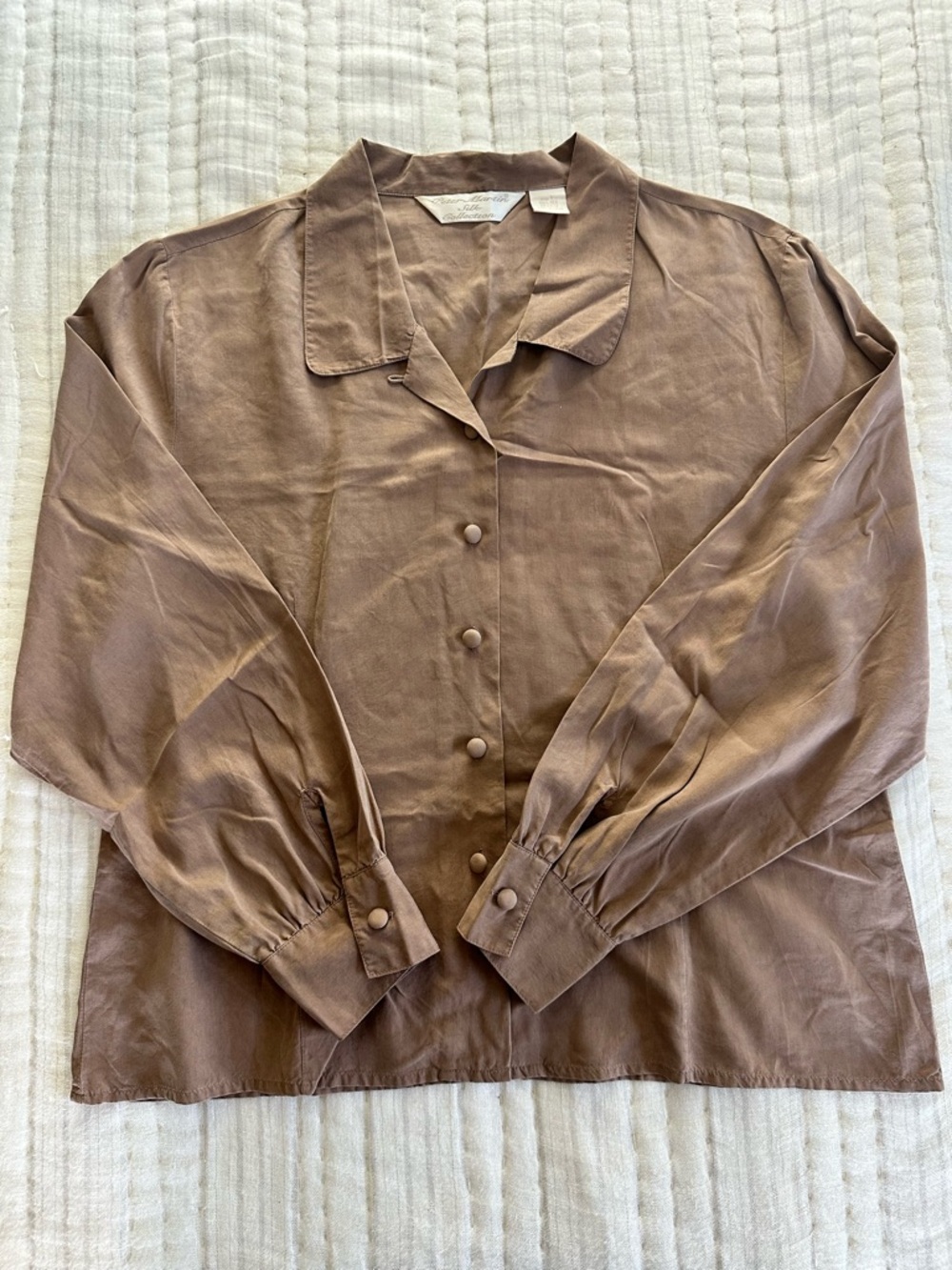 Brown Button-Front Women's Blouse,  100% Silk, L